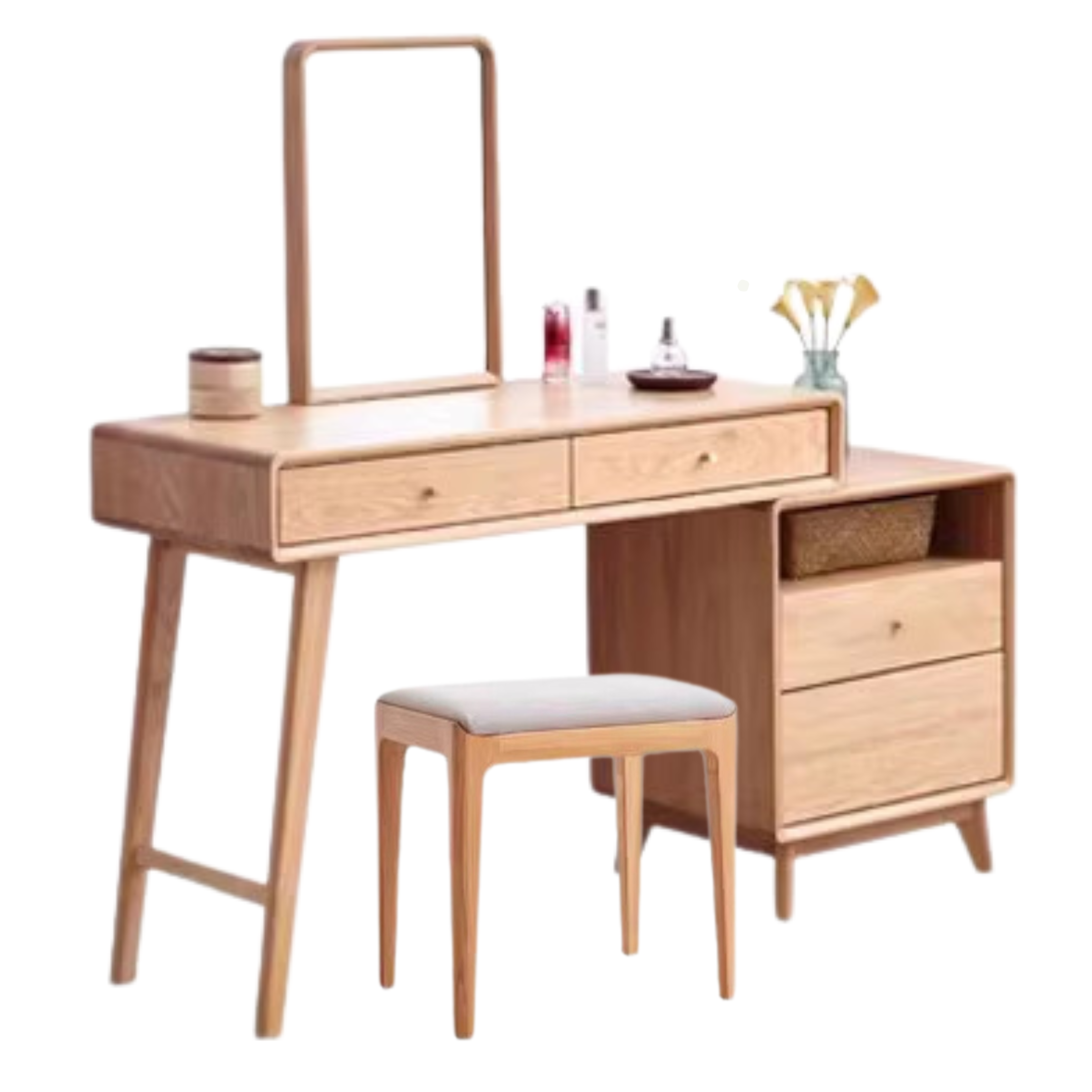 35.4-49.2x15.7x29.5 inch/ 90-125x40x75сm/ Natural Wood Color/ makeup table cabinet without lock + makeup mirror +makeup stool fog gray