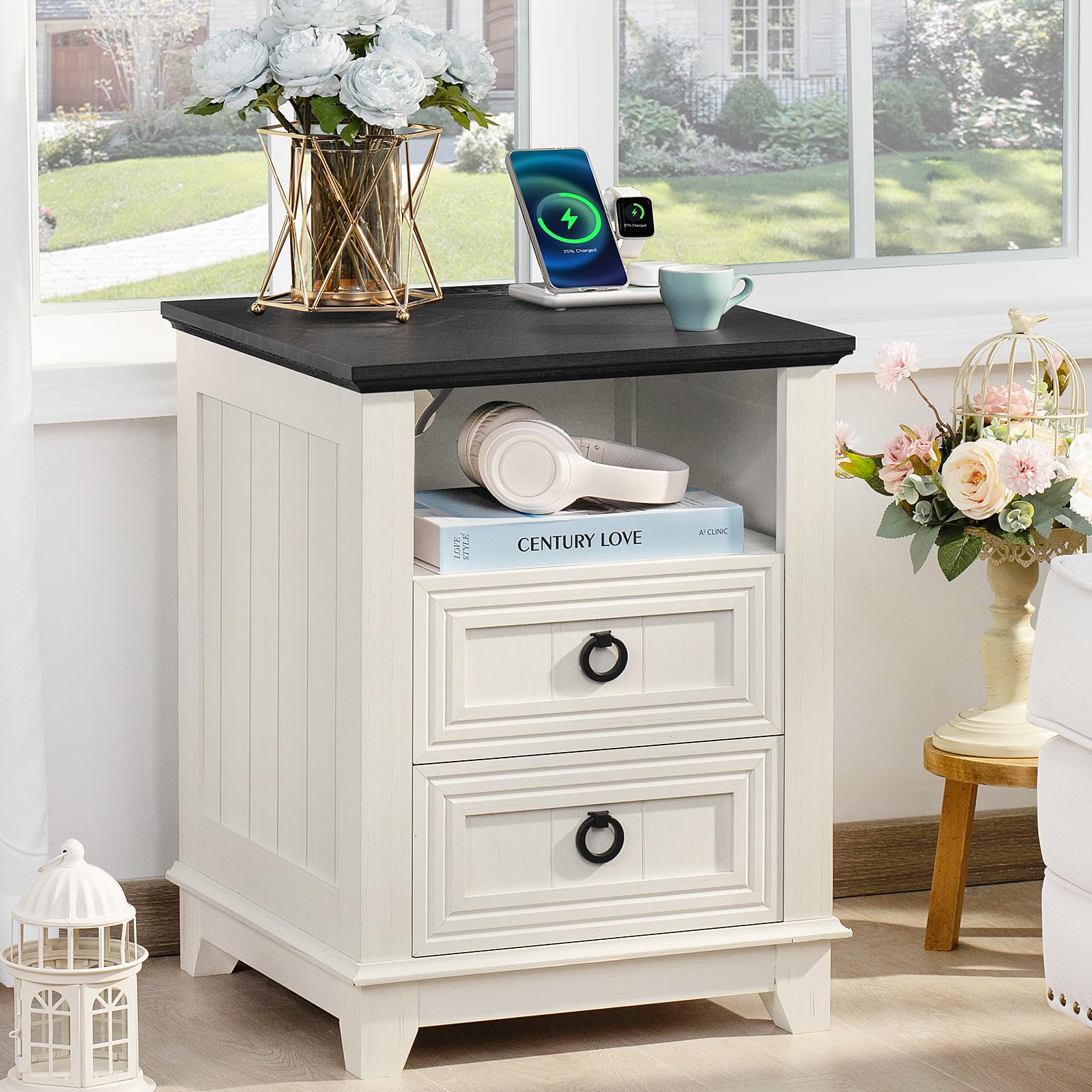 Farmhouse Style 2-Piece Nightstand Set with 6-Drawer Dresser - 54 Inch Wide Wooden Dresser & 18