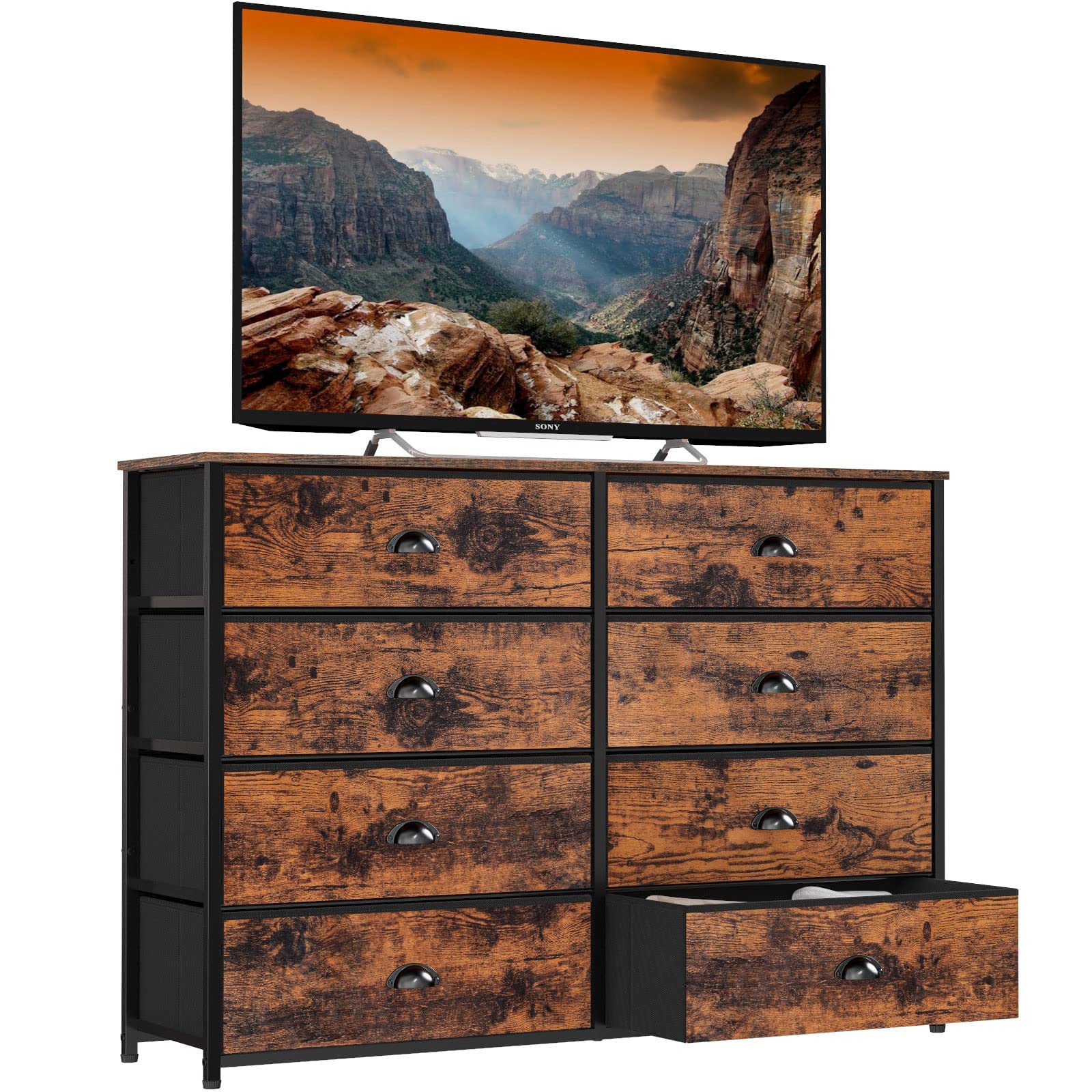 Industrial Rustic Brown Fabric Dresser with 8 Large Drawers & Wood Top - Sturdy Metal Frame Wide Console Table for 50