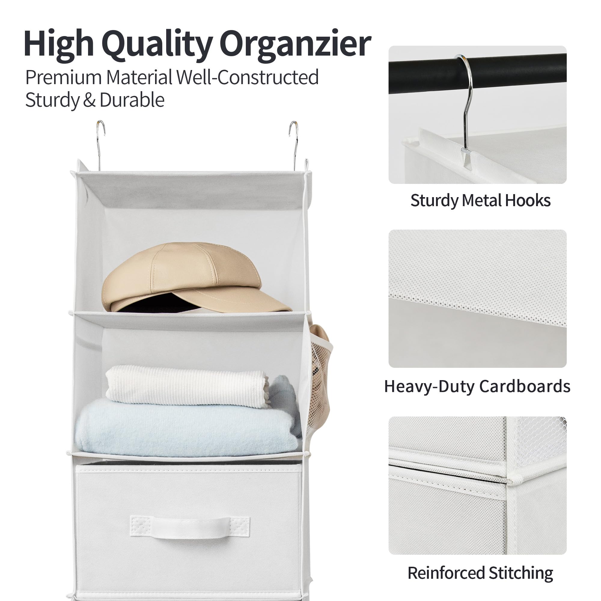 GRANNY SAYS 6-Tier Hanging Closet Organizer with 3 Drawers & 4 Side Pockets - Convertible to 2 Separate 3-Shelf Storage Units - Space Saving Wardrobe Organizer for Bedroom, Closet & Laundry Room (White, 1-Pack)