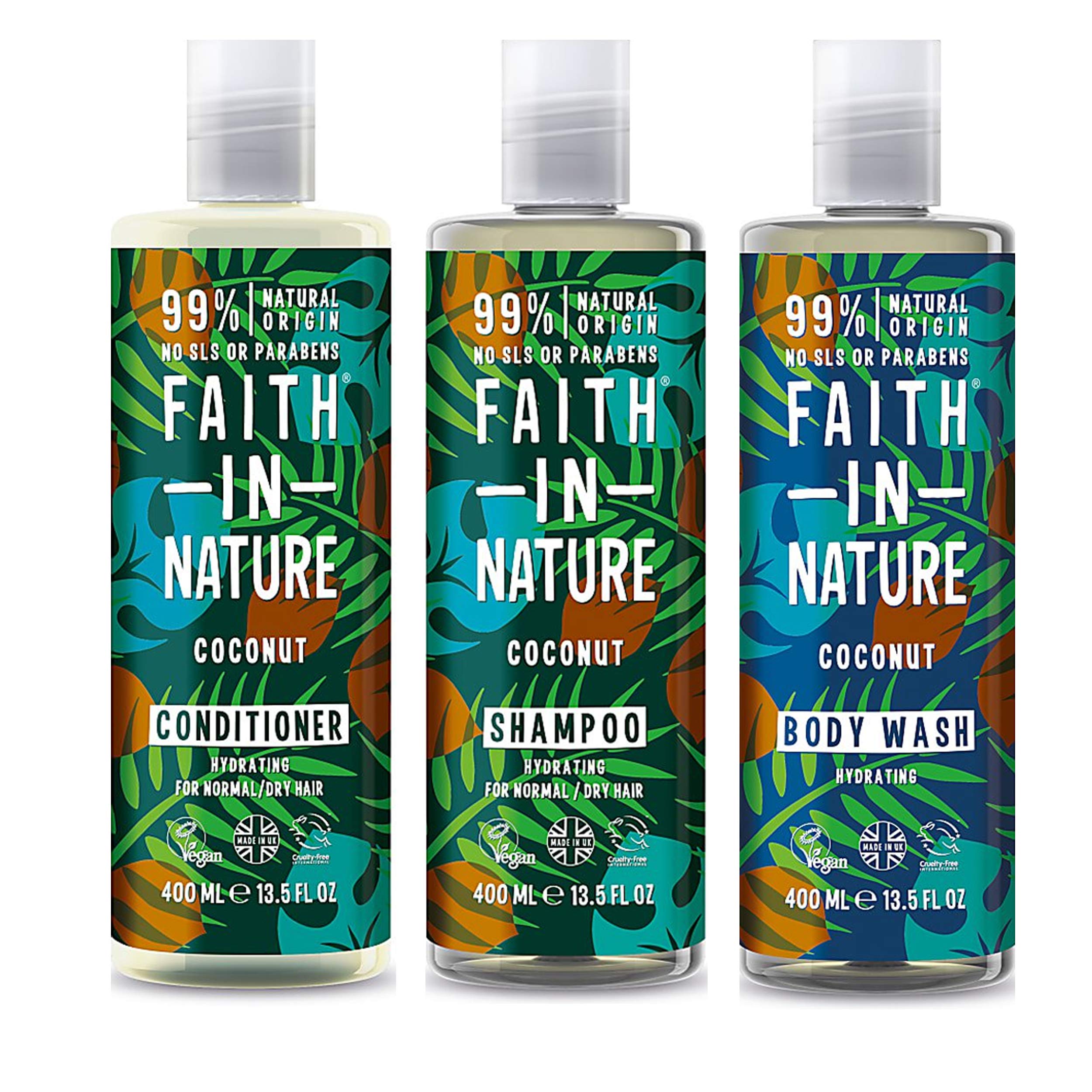 Faith In Nature Coconut Shampoo, Conditioner & Body Wash Trio Set - Vegan, Cruelty-Free, 99% Natural Ingredients, SLS & Paraben Free - Hydrating Hair & Skin Care for Daily Use at Home, Travel & Gym