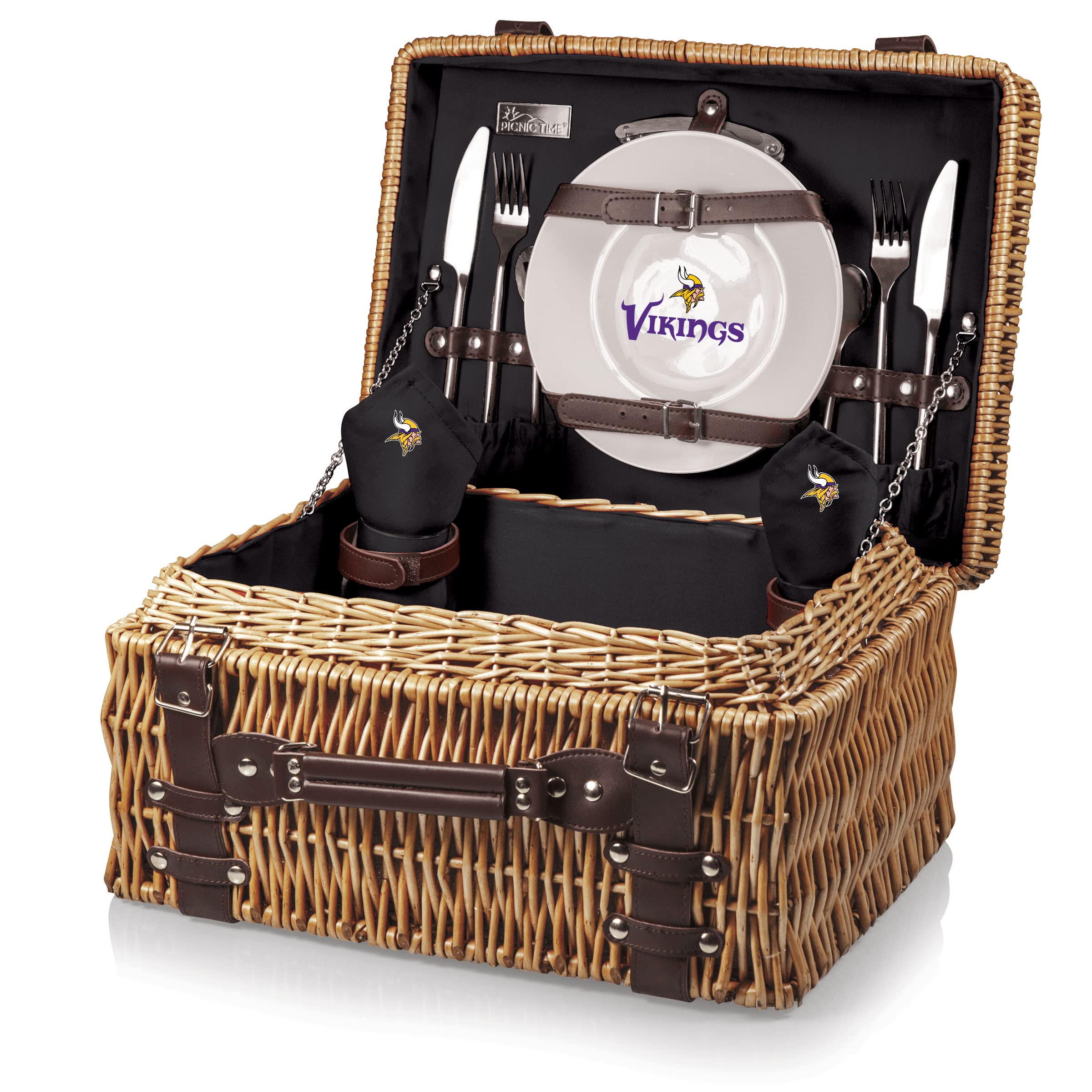 **PICNIC TIME NFL Champion Picnic Basket for 2 – Wicker Picnic Basket Set with Plates, Utensils & Blanket – Perfect for Outdoor Picnics, Tailgating & Game Day Gatherings (Black with Brown Accents)**