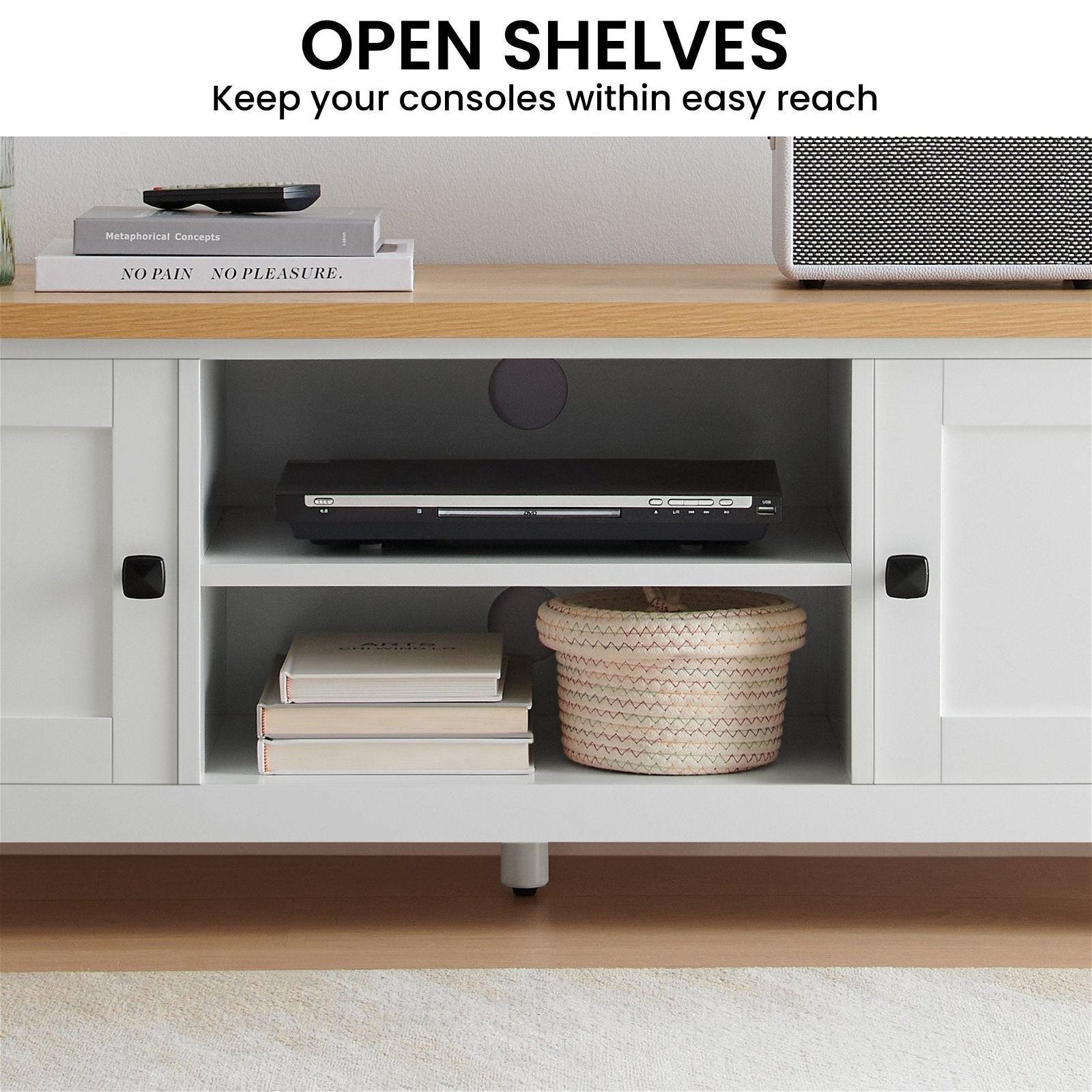 Sarantino Gio TV Stand - White & Natural Wood Entertainment Center for Living Room - Perfect for Flat Screen TVs & Home Theater Setup