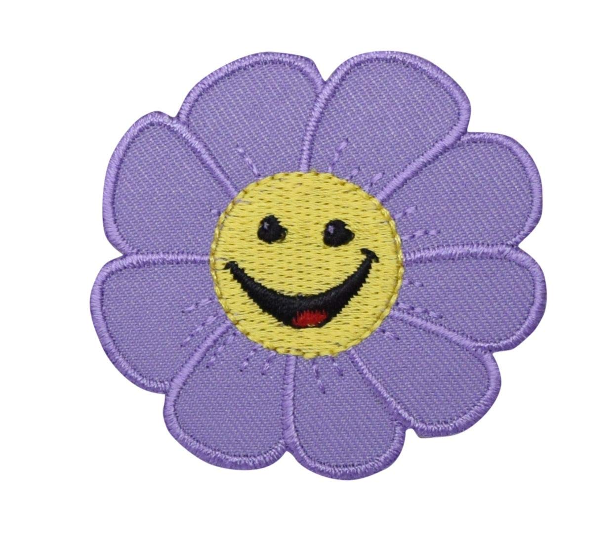 Vibrant Purple & Yellow Smiling Daisy Embroidered Iron-On Patch for Jackets, Bags & DIY Crafts - Fun Floral Applique for Clothing Customization