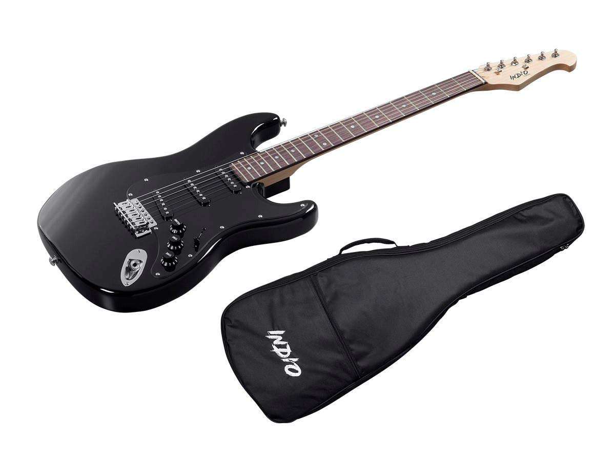 Monoprice Cali Classic Electric Guitar - Black, 6-String Solid Body with Double-Cutaway & SSS Pickups, Right-Handed, Includes Gig Bag - Ideal for Beginners & Practice Sessions - Indio Series