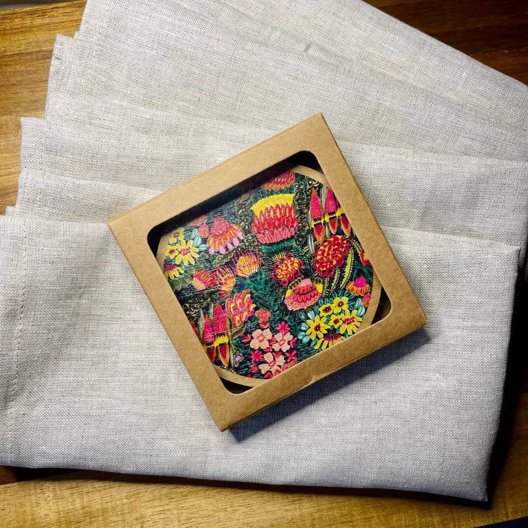Grevillea Garden Coaster and Napkin Set - 4-Piece Elegant Floral Coasters with Matching Napkins for Dining Table Decor, Outdoor Picnics, and Housewarming Gifts