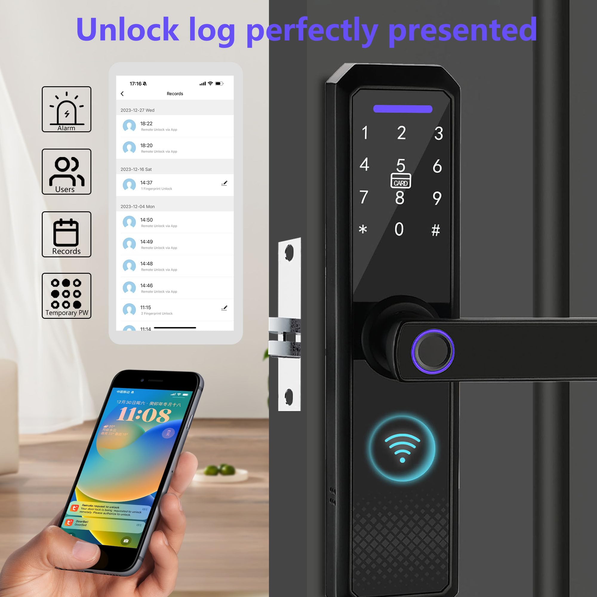 Smart Keyless Entry Door Lock - Fingerprint, WiFi, Keypad, Auto Lock & Free App for Home Security | Electronic Digital Deadbolt with 2-Way Handle, Password & IC Card Access | Perfect for Apartments, Offices & Smart Homes (Black)