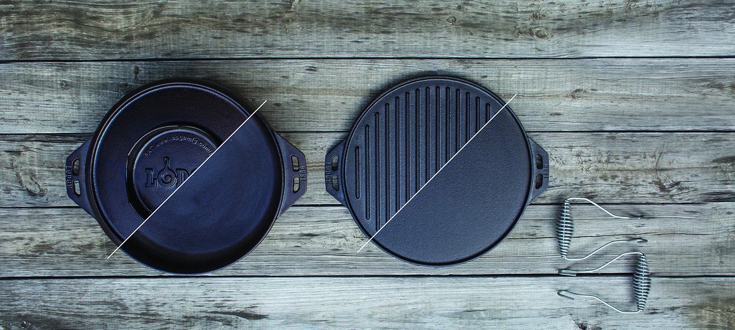 Lodge Cast Iron Cook-It-All Kit - 5-Piece Cast Iron Cookware Set with Reversible Grill/Griddle (14 Inch), 6.8 Quart Dutch Oven/Wok, Heavy Duty Handles & Cooking Guide - Perfect for Camping, Outdoor Cooking & Home Kitchen Use