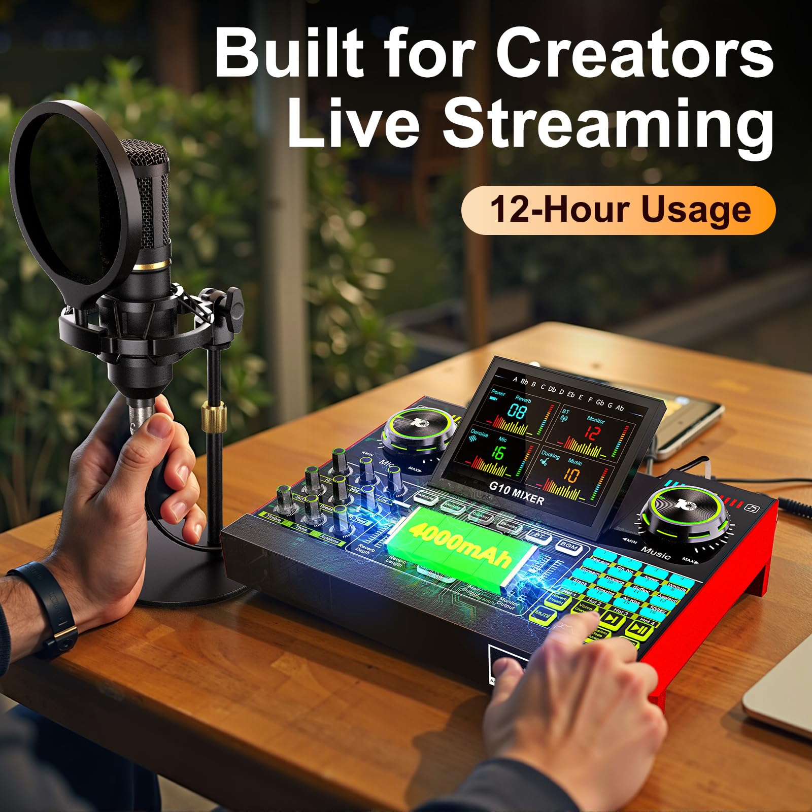 Professional Audio Mixer for PC & Phone - Live Streaming, Gaming, Singing - Compatible with 3.5mm/XLR Dynamic & 48V Microphones - DJ Mixer Effects, Voice Changer, Denoise & One-Click Mute - Perfect for Podcasting, YouTube Streaming & Home Studio Recording