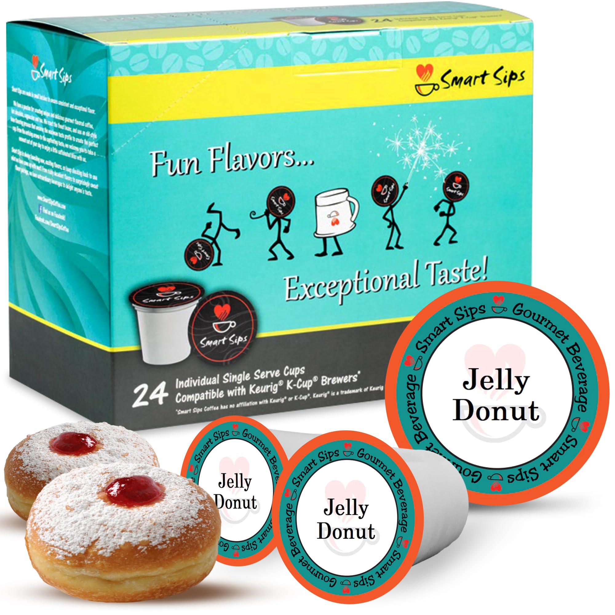 Smart Sips Jelly Donut Flavored Medium Roast Coffee Pods - 24 Count K-Cup Compatible with Keurig Brewers | Perfect for Breakfast, Office & Home Coffee Breaks