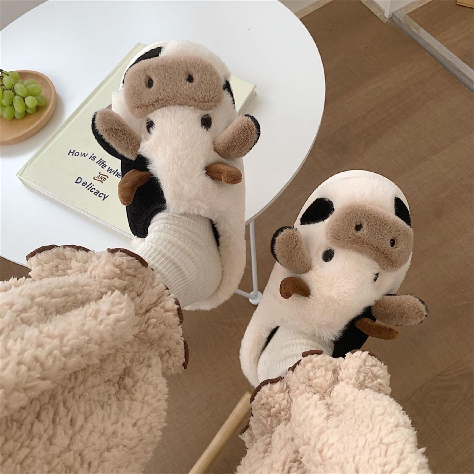 MIXILU Women's Cartoon Cow Cotton Slippers - Soft Cozy Fuzzy Animal House Shoes for Winter, Indoor & Outdoor Use - Perfect for Home, Lounge, and Dorm Comfort