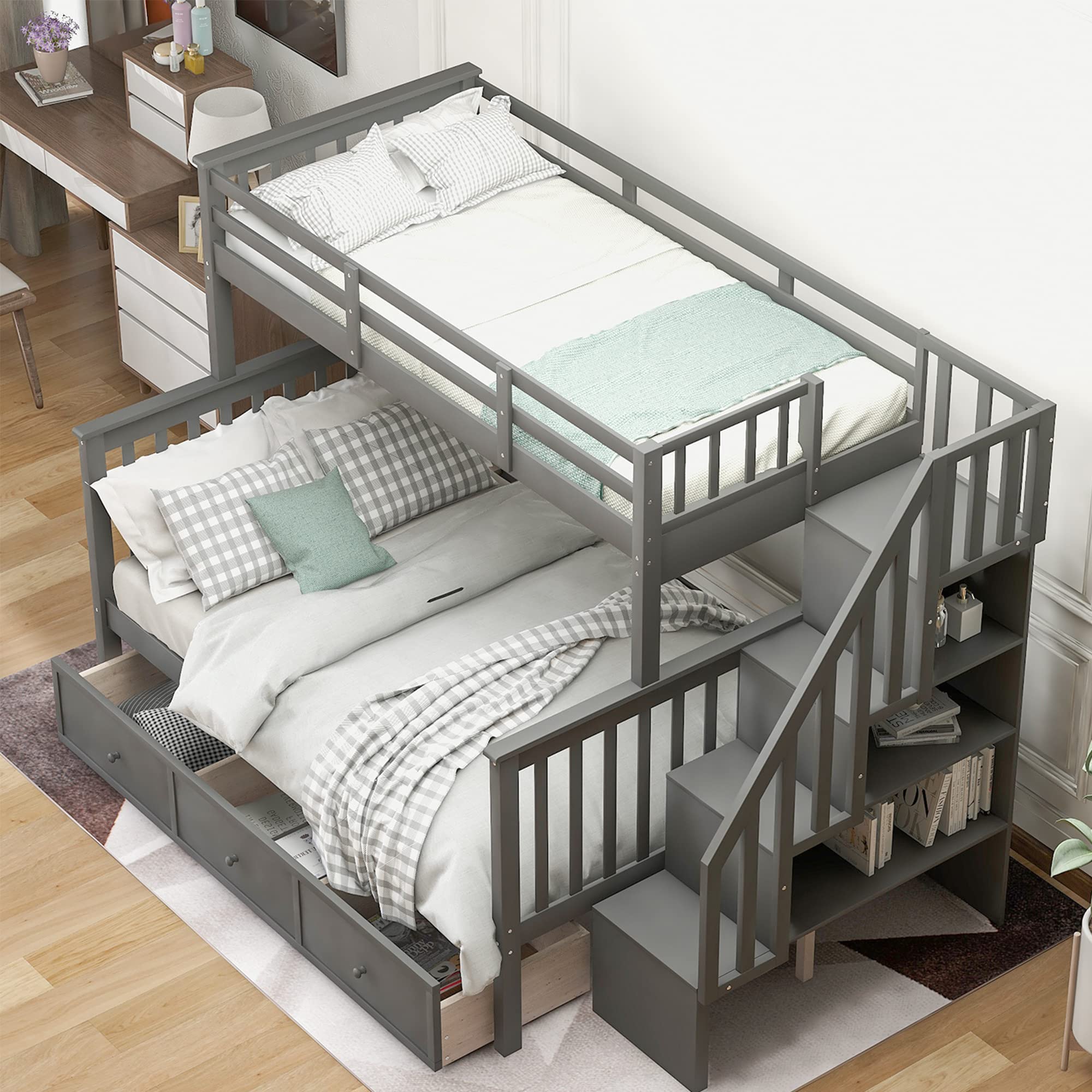 Harper & Bright Designs Twin Over Full Bunk Bed with Stairs - Wooden Bunk Bed Frame with Storage Drawers for Kids, Space-Saving Bedroom Furniture for Girls & Boys (Grey) | Perfect for Small Rooms, Shared Kids' Bedrooms & Vacation Homes