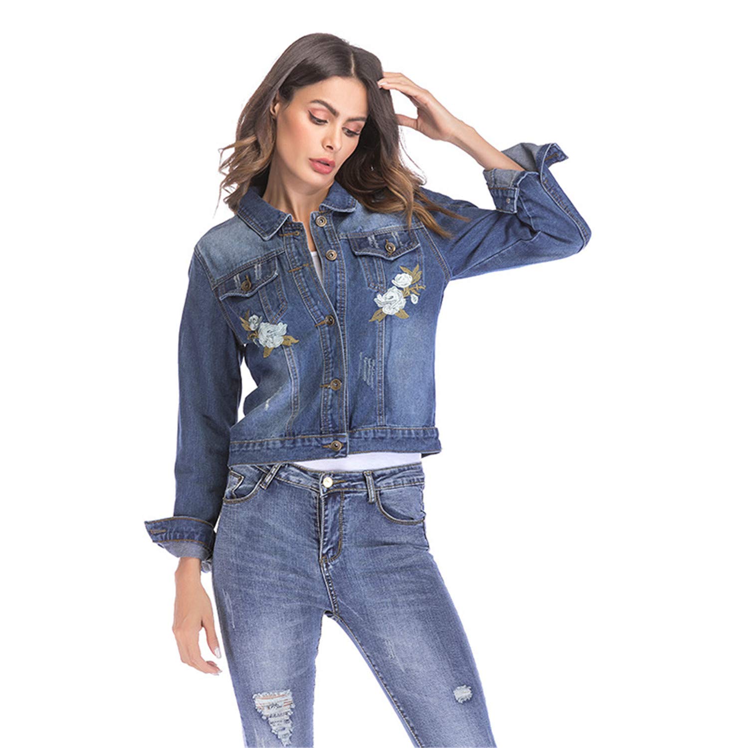Andongnywell Women's Embroidered Floral Denim Jacket - Stylish Casual Jean Jacket for Spring & Fall | Perfect for Outdoor Activities, Dating & Street Fashion