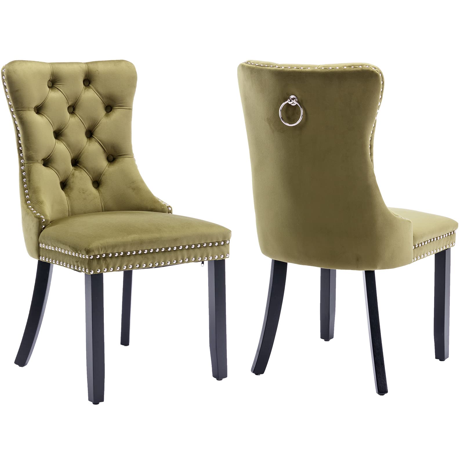 Luxury Velvet Dining Chairs Set of 2 - Tufted Upholstered Kitchen & Dining Room Chairs with Solid Wood Frame (Olive Green) - Perfect for Modern Home, Restaurant, and Office Decor