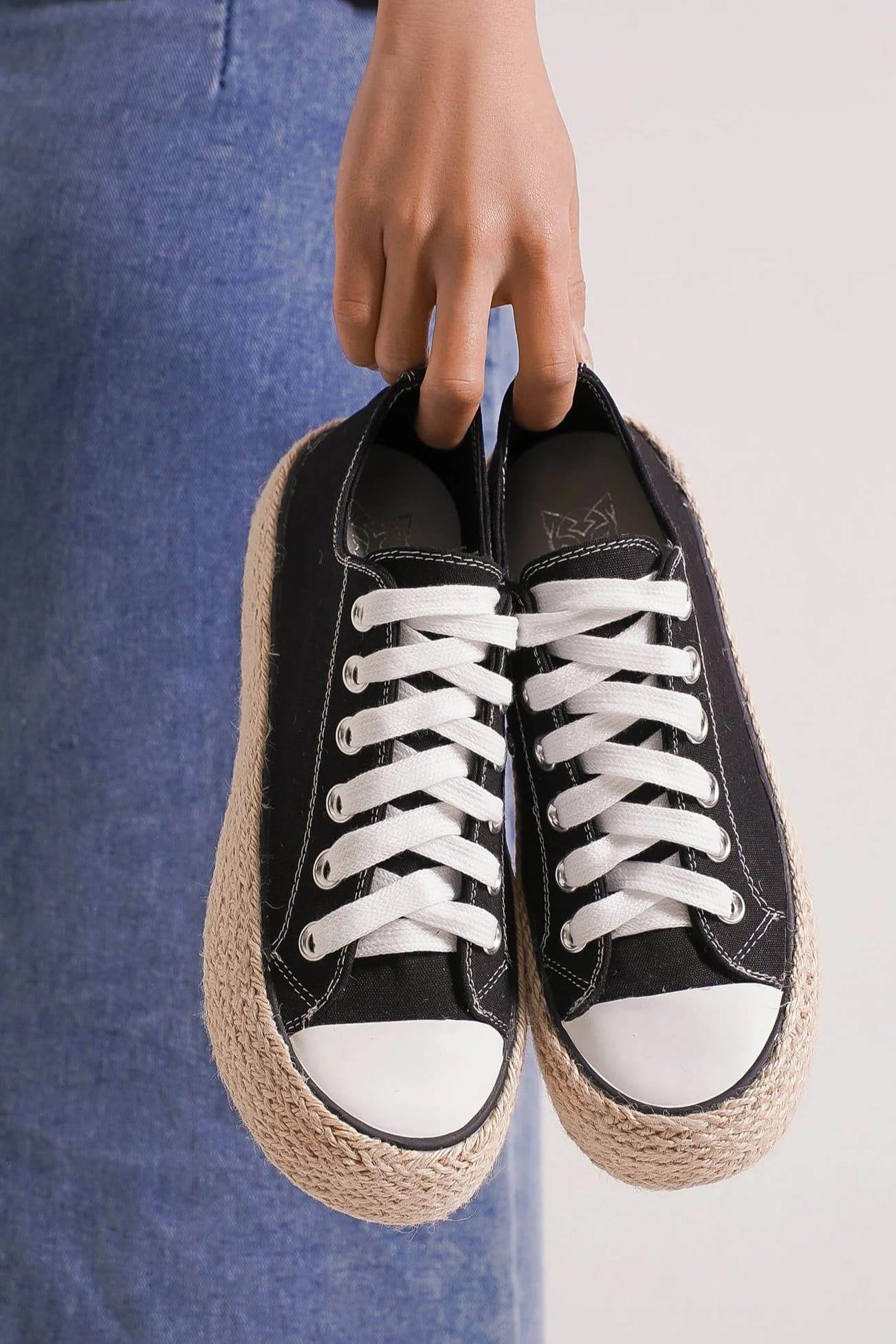 Beast Fashion Black Lace-Up Woven Espadrille Sole Sneakers - Comfortable Casual Shoes for Women, Perfect for Summer Outfits & Beach Walks