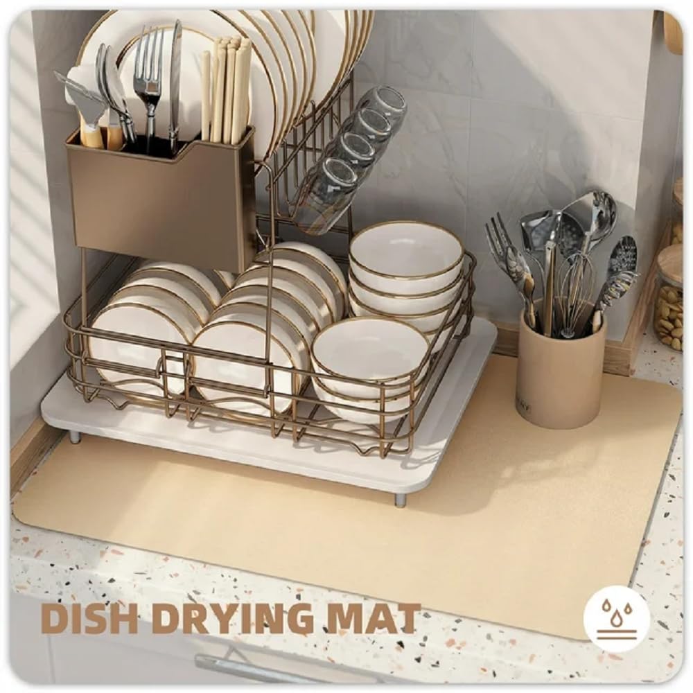 Premium Kitchen Dish Drying Mat - Extra Large Absorbent Drying Mat for Dishes, Utensils & Cookware - Fast Drying, Non-Slip, Machine Washable (Brown) - Perfect for Countertops, Sinks & Dish Racks