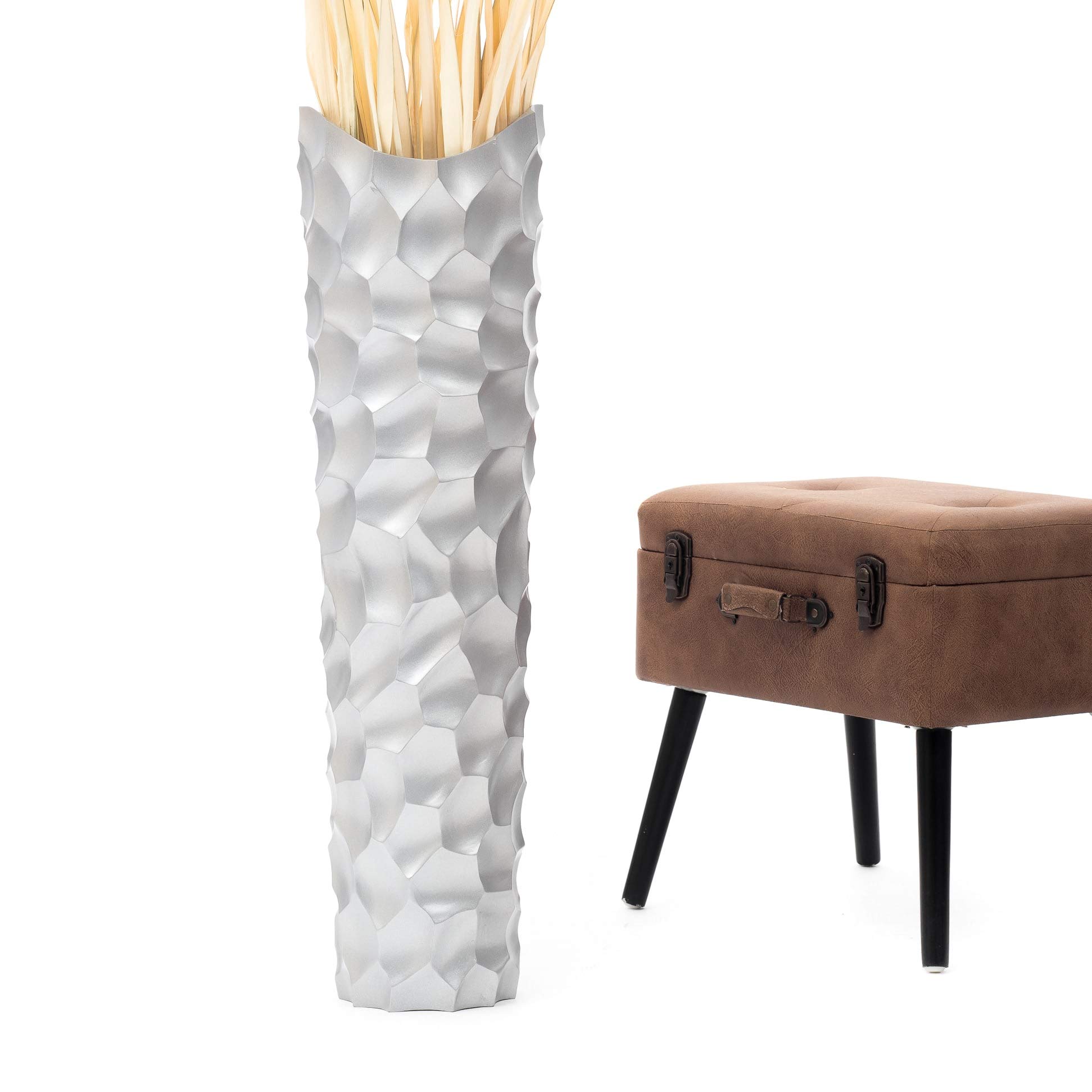Leewadee 36 Inch Large Silver Floor Vase - Wooden Farmhouse Decor for Flowers, Fake Plants & Pampas Grass | Perfect for Living Room, Entryway & Wedding Centerpieces