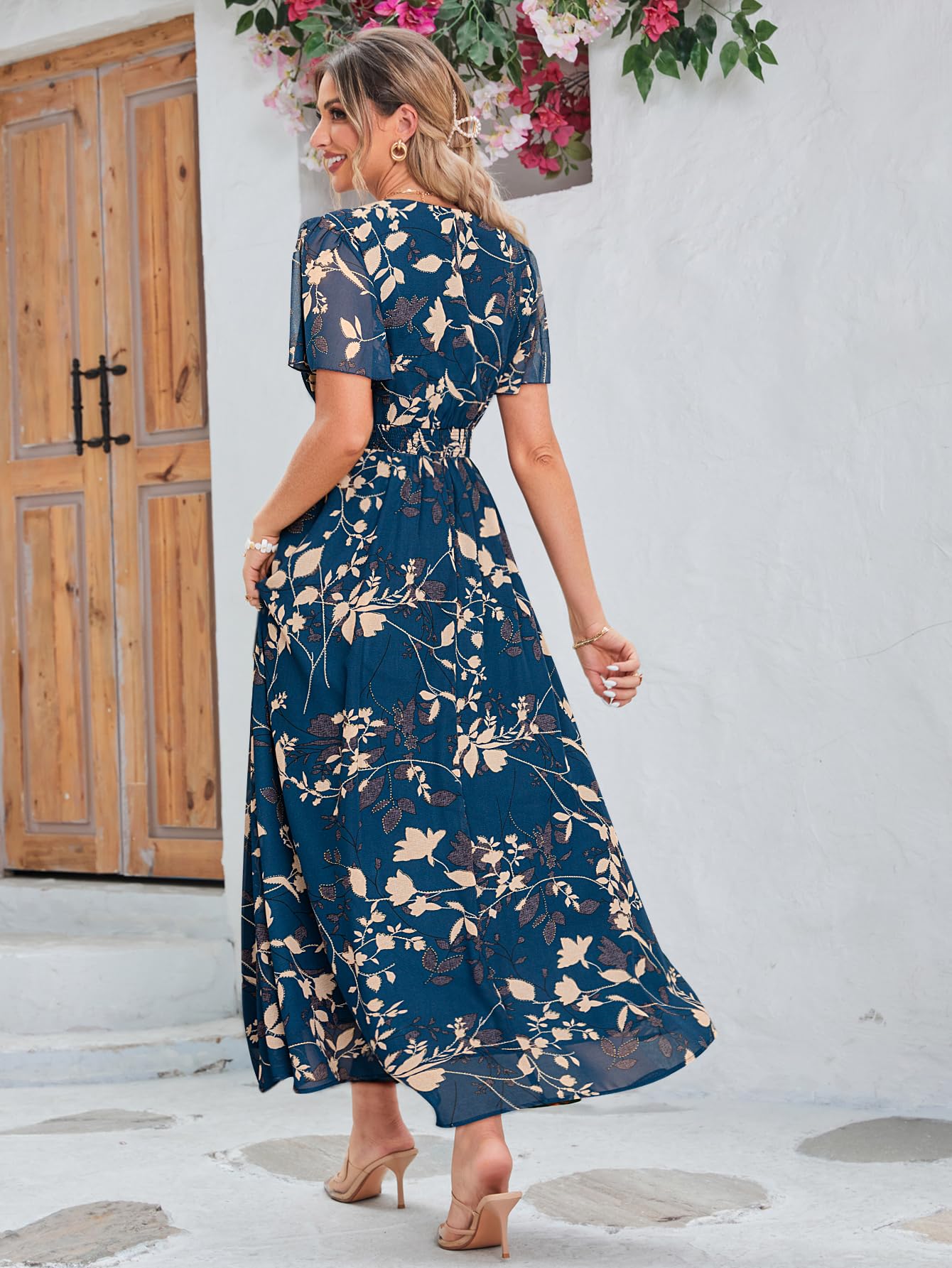 Boho Floral Maxi Dress for Women - Flowy Casual V-Neck Short Sleeve Wedding Guest Dress | Perfect for Beach Holidays, Summer Vacations & Special Occasions