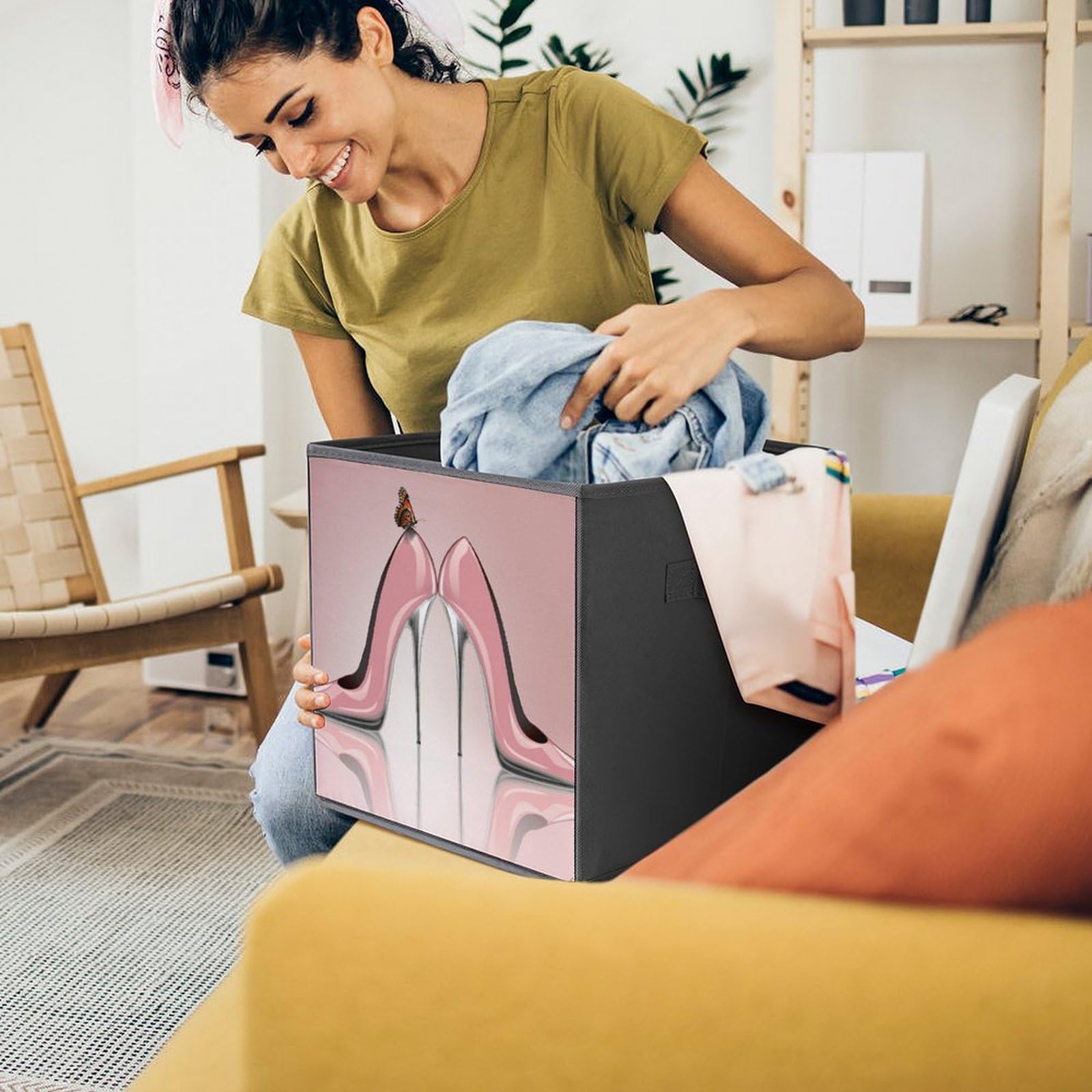 Elegant Pink Cube Storage Bin with Butterfly High Heel Design - Foldable Fabric Baskets with Handles for Closet, Pantry, Shelf & Toy Organization - Perfect for Bedroom, Nursery & Playroom Storage Solutions