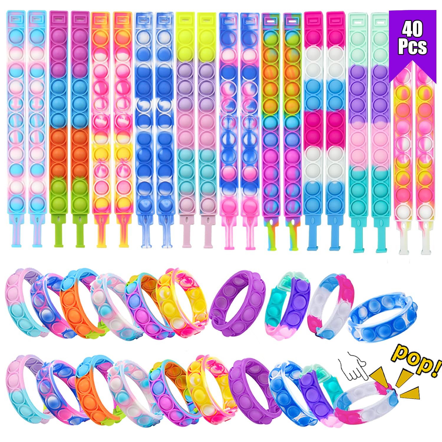 40 Pcs Pop Bracelet Fidget Toys Set - Mini Sensory Stress Relief Wristbands for Kids & Adults - Perfect for Halloween, Christmas Gifts, Classroom Prizes & Party Favors - Great for Anxiety Relief, Focus & Fun at School, Home or Office