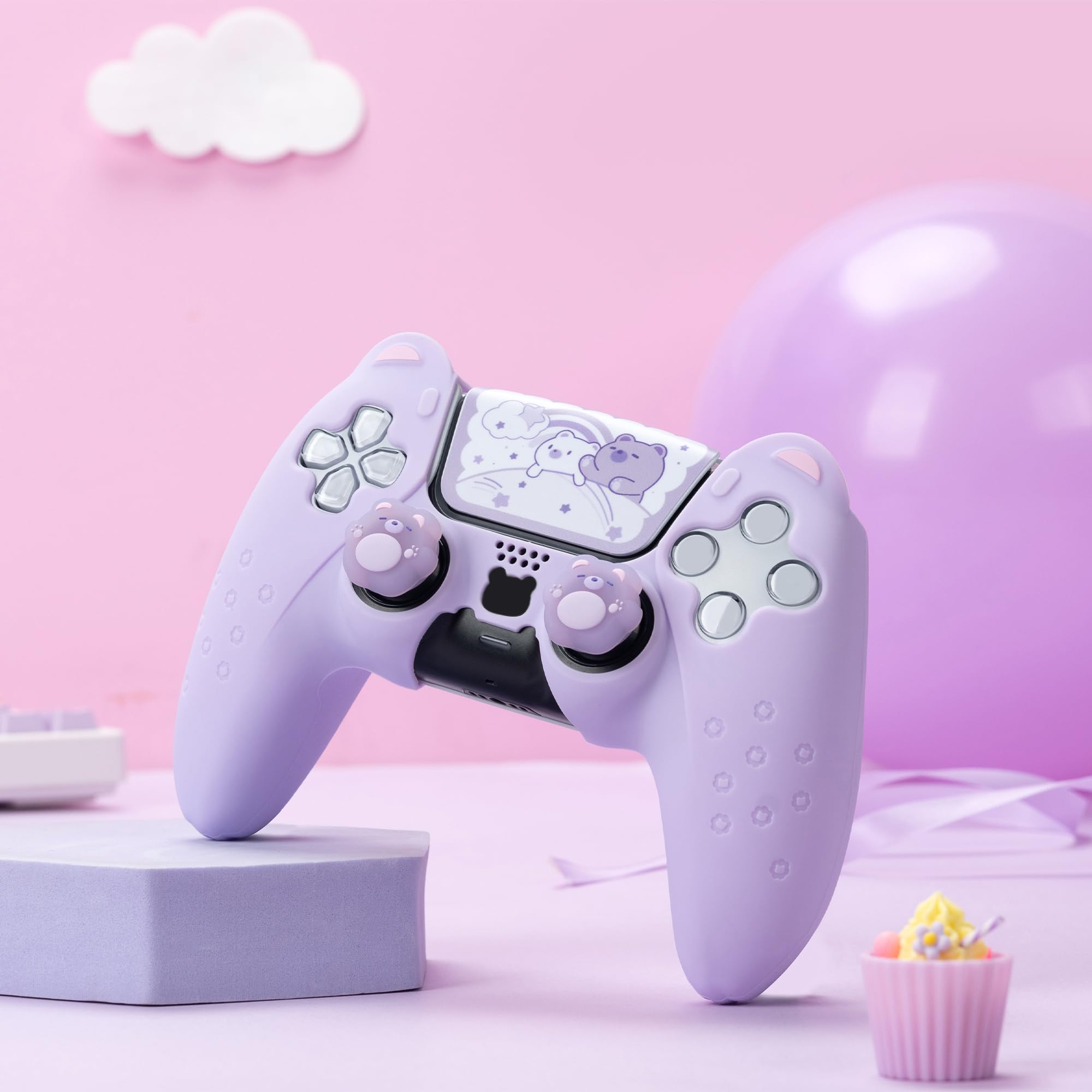 GeekShare Cute Bear PS5 Controller Skin Set - Includes 2 Grip Pads, 1 Anti-Slip Silicone Protector & Sticker for Wireless PS5 Controller (Purple) - Perfect for Gaming, Protection & Personalization