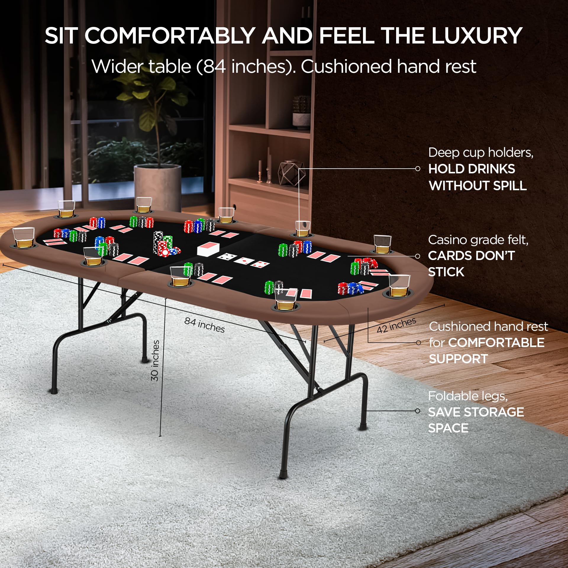10-Player Foldable Poker Table with Durable Padded Rail & Premium Felt Surface - Professional Texas Holdem Poker Table for Home Games, Casino Nights & Poker Tournaments