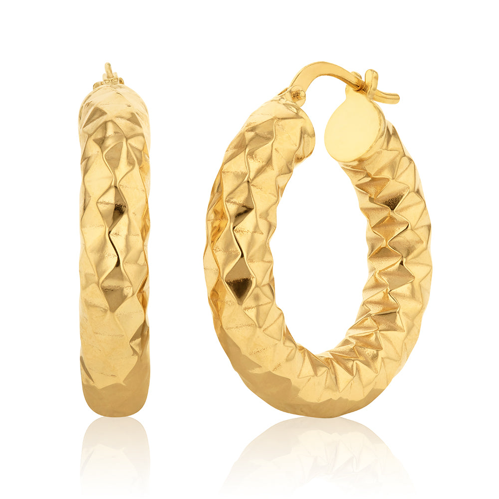 9ct Silver Filled Yellow Gold Diamond Cut 15mm Hoop Earrings for Women - Elegant Everyday Jewelry Gift for Her, Perfect for Parties, Weddings & Special Occasions