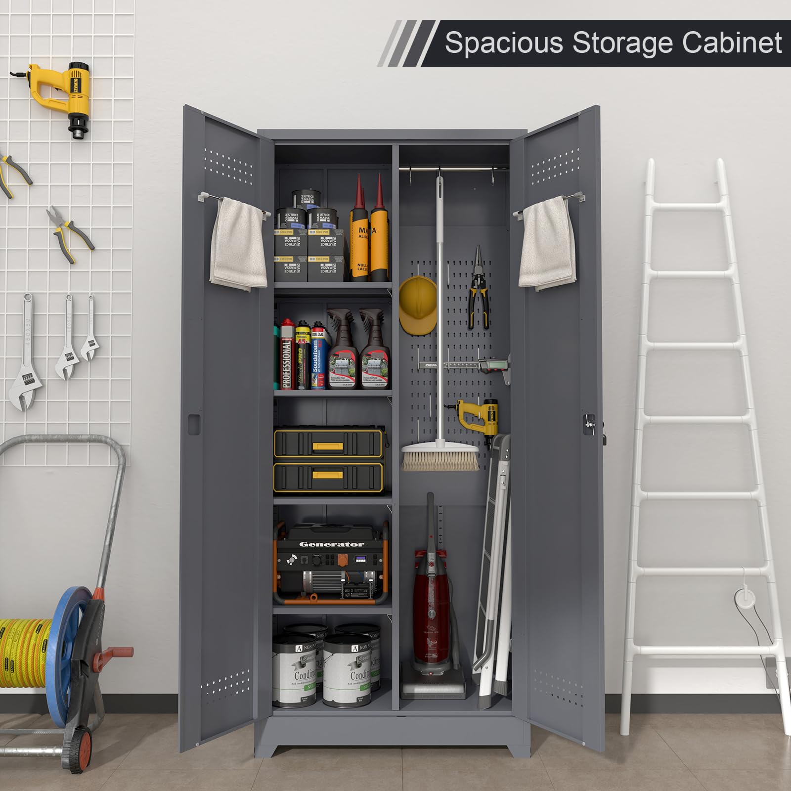 Metal Utility Storage Cabinet with Shelves - Broom Closet Organizer for Cleaning Tools, Laundry Room, Garage & Bathroom - Space-Saving Grey Cabinet for Home Organization