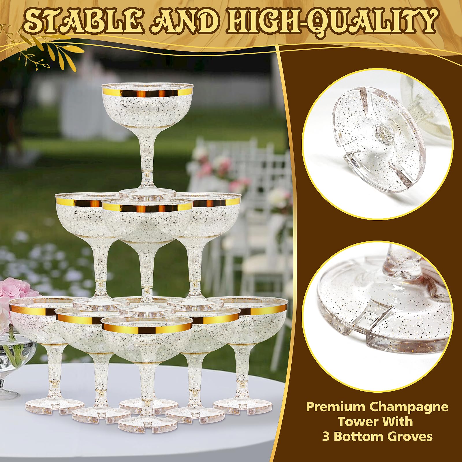 50 Pcs 5 oz Gold Plastic Champagne Coupe Glasses - Unbreakable Acrylic Martini Glasses for Parties, Weddings & Events - Disposable & Elegant Drinkware for Celebrations, Cocktail Receptions & Toasts