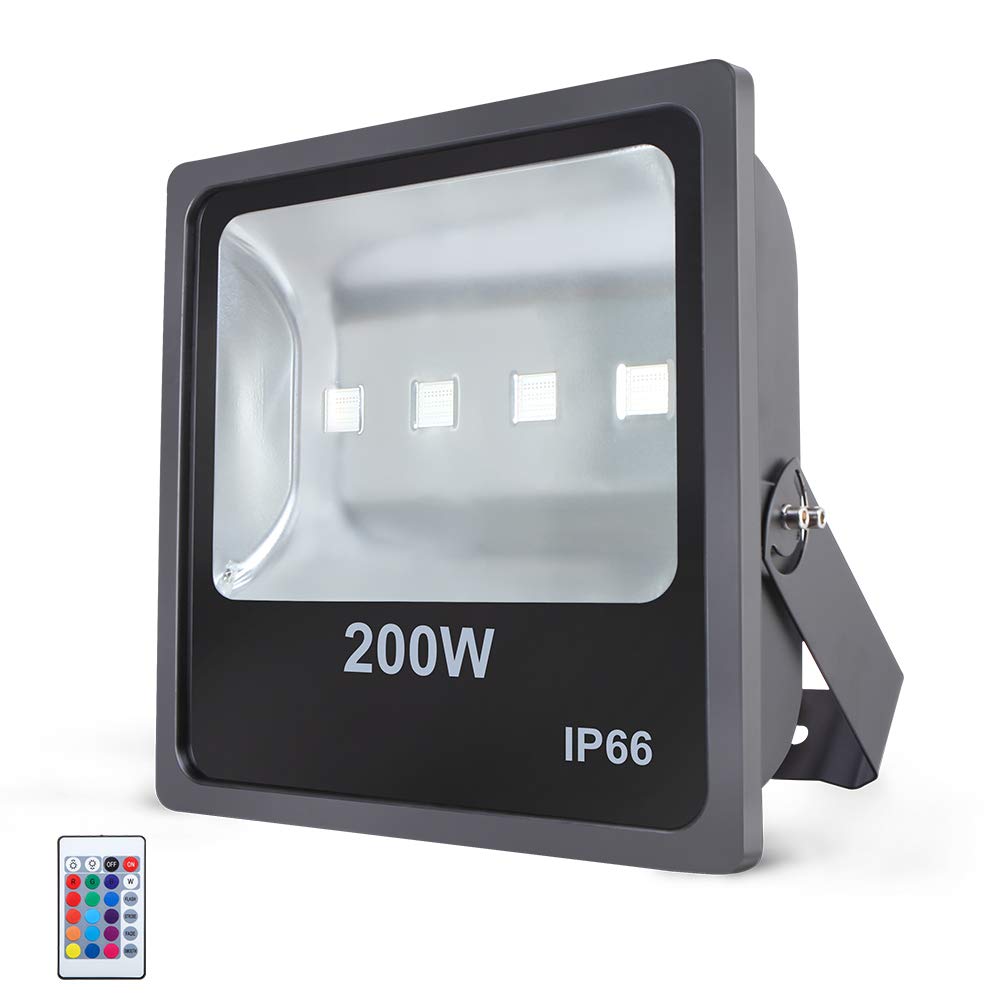 200W RGB LED Flood Lights Outdoor - Color Changing Security Light with IR Remote Control, Dimmable Wall Washer - US 3-Plug - Perfect for Garden, Landscape, Bridge, Patio & Architectural Lighting