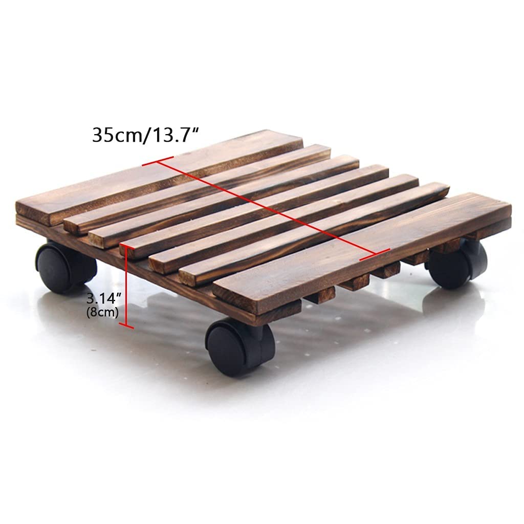 Square Wooden Plant Pot Caddy with Wheels - 25cm, 30cm, 35cm Rolling Planter Stand - 360° Rotating Casters for Indoor & Outdoor Use - Perfect for Moving Heavy Potted Plants on Decks, Patios and Gardens (35cm/13.7in)