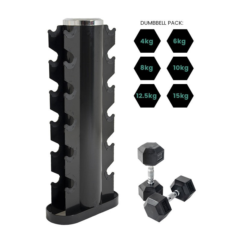 Premium Rubber Dumbbell Set with 6-Tier Vertical Storage Rack - Home Gym Equipment for Strength Training & Space Saving Workout Organization