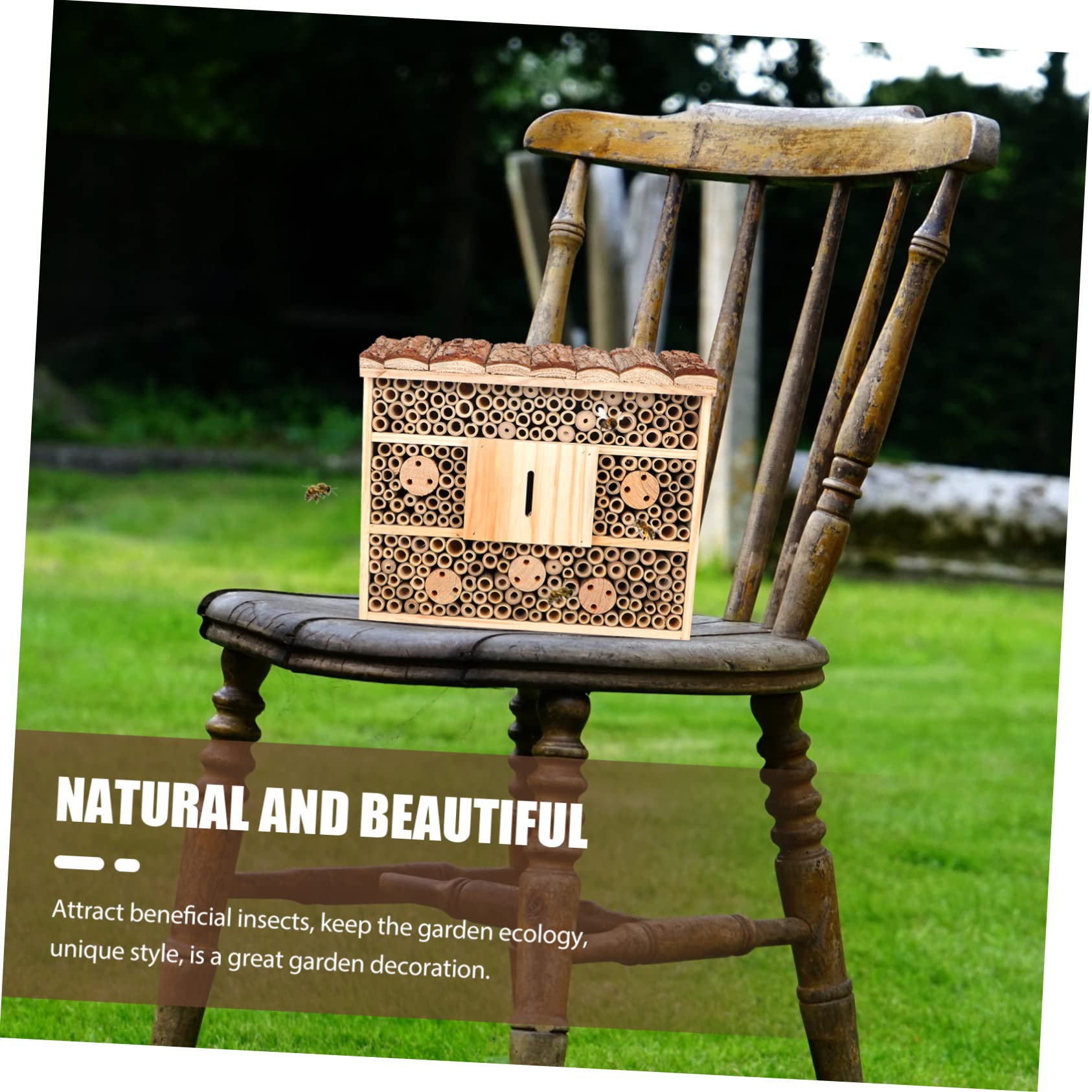 Wooden Bee House for Pollinators - Outdoor Bee Hotel & Butterfly Habitat for Garden, Backyard, and Natural Pollination Support