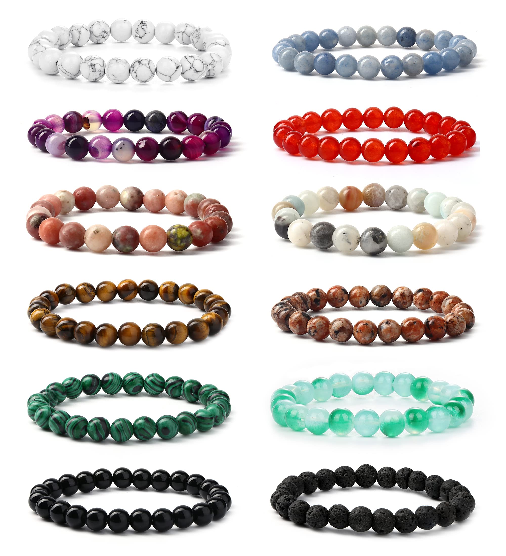 12 Pack 8mm Beaded Stretch Bracelets for Women & Men - Natural Healing Stone & Semi-Precious Gemstone Crystal Bead Set - Adjustable Wristbands for Yoga, Meditation, Gifts & Everyday Wear