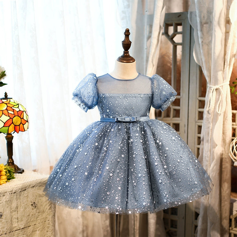 Royal Blue Organza Flower Girl Dress for Weddings - Tea Length Princess Round Neckline - Perfect for Bridal Parties, Pageants & Special Occasions