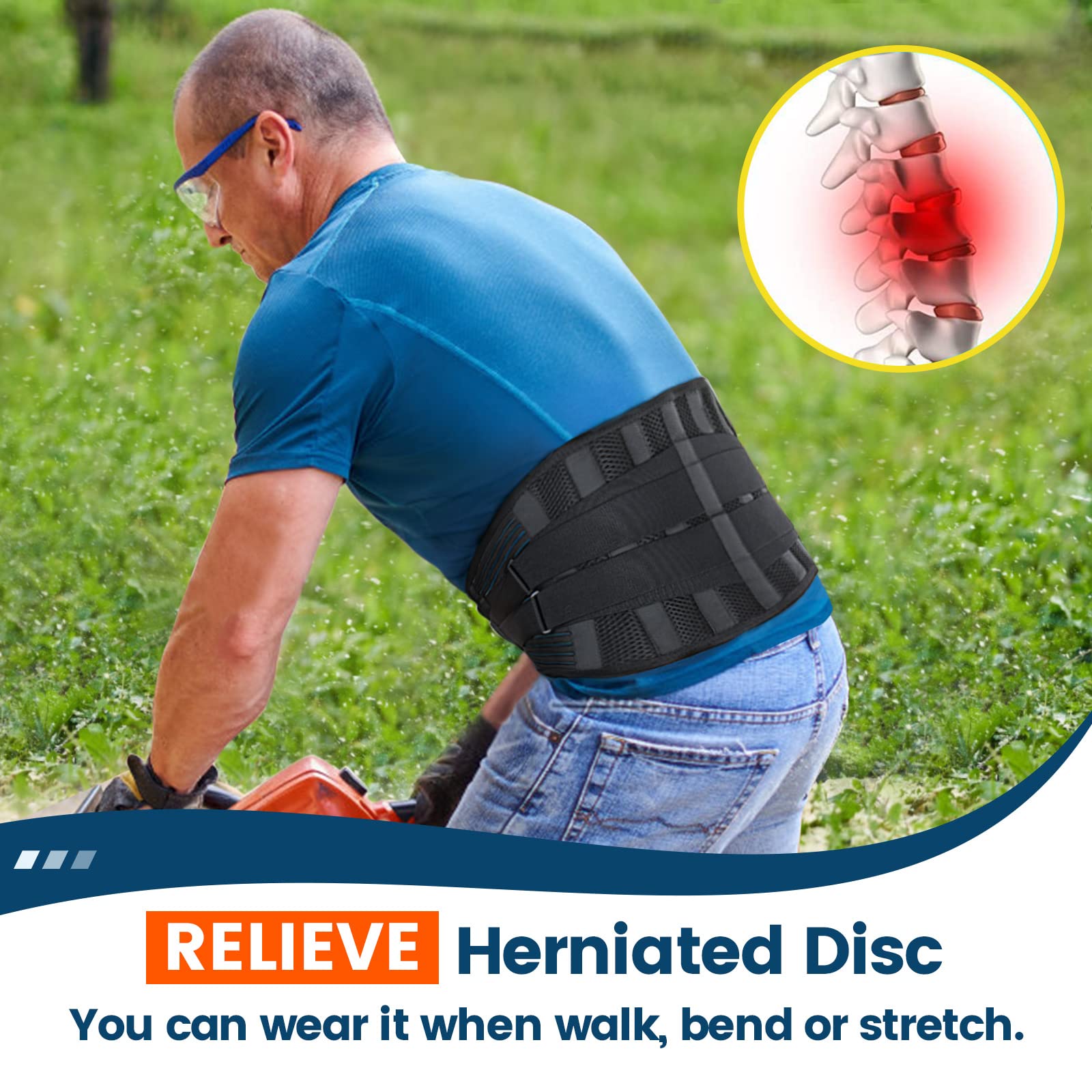 Lower Back Brace for Pain Relief - Adjustable Lumbar Support Belt for Men & Women - Breathable Waist Support for Heavy Lifting, Sciatica, Herniated Disc (XL) - Ideal for Workouts, Construction & Office Use