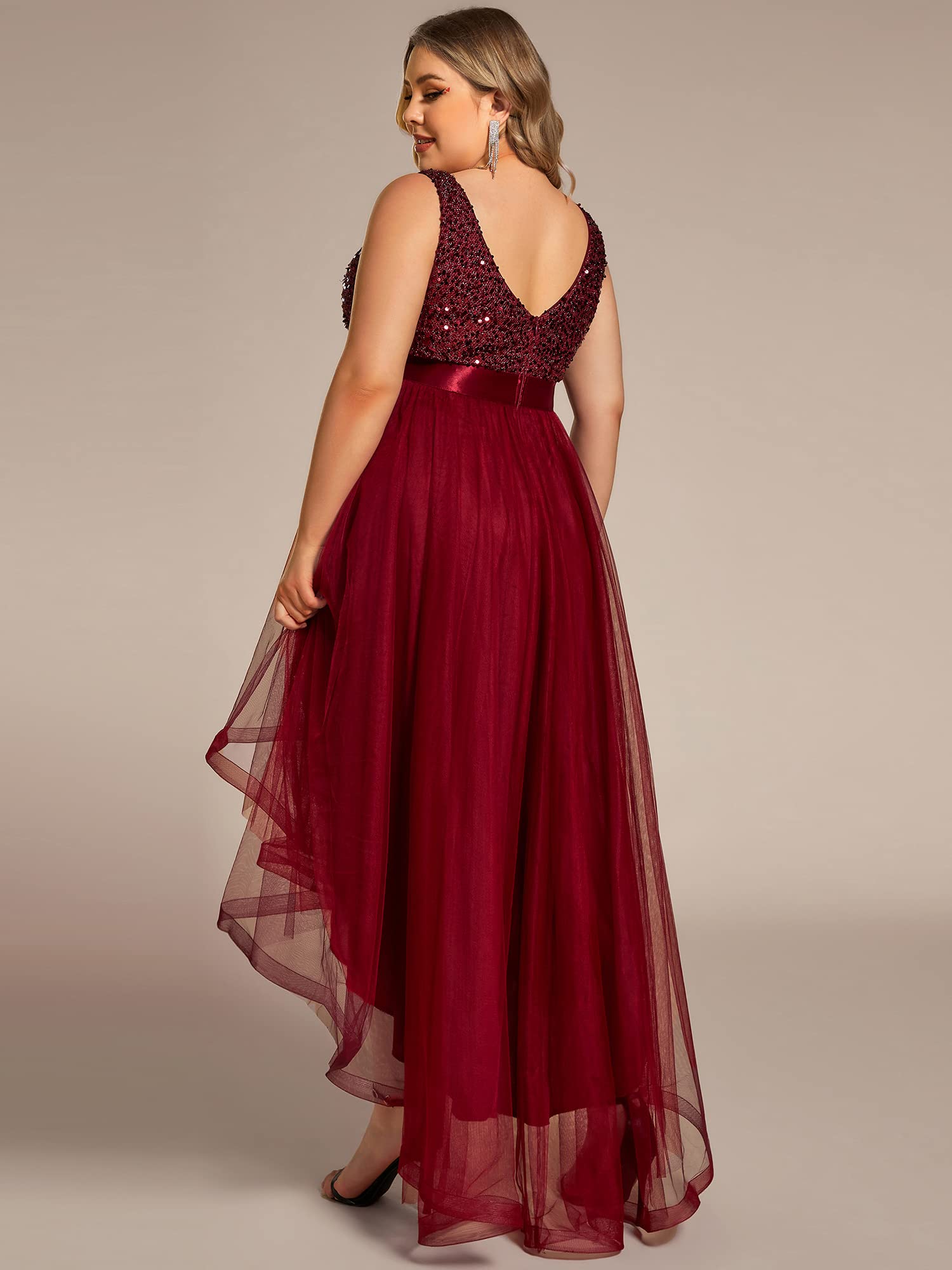 Ever-Pretty Women's Double V-Neck A-Line High-Low Sequin Tulle Plus Size Formal Dress for Curvy Women 0147A-DA | Elegant Evening Gown for Prom, Wedding Guest, Cocktail Party & Special Occasions