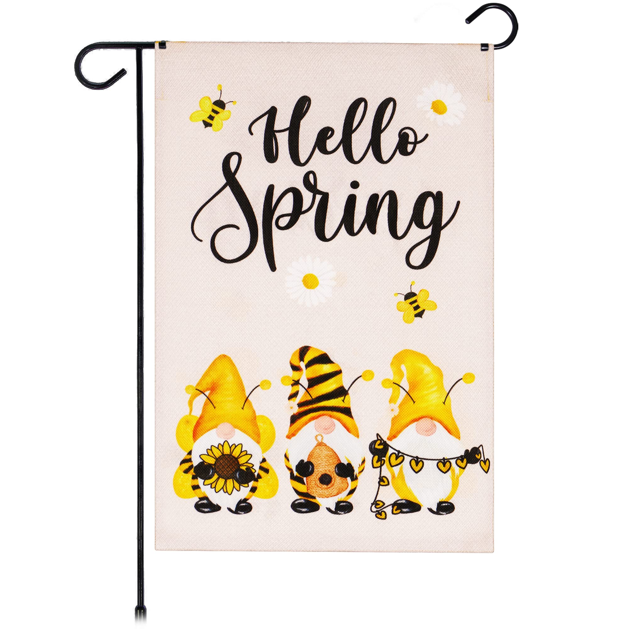 G128 Hello Spring Three Bee Gnomes Garden Flag 12