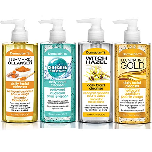 Dermactin-TS Daily Facial Cleanser 4-Piece Set with Turmeric, Witch Hazel, Collagen & Illuminating Gold - 5.7 oz for Glowing Skin - Perfect for Morning & Night Skincare Routine, Travel & Gift Giving