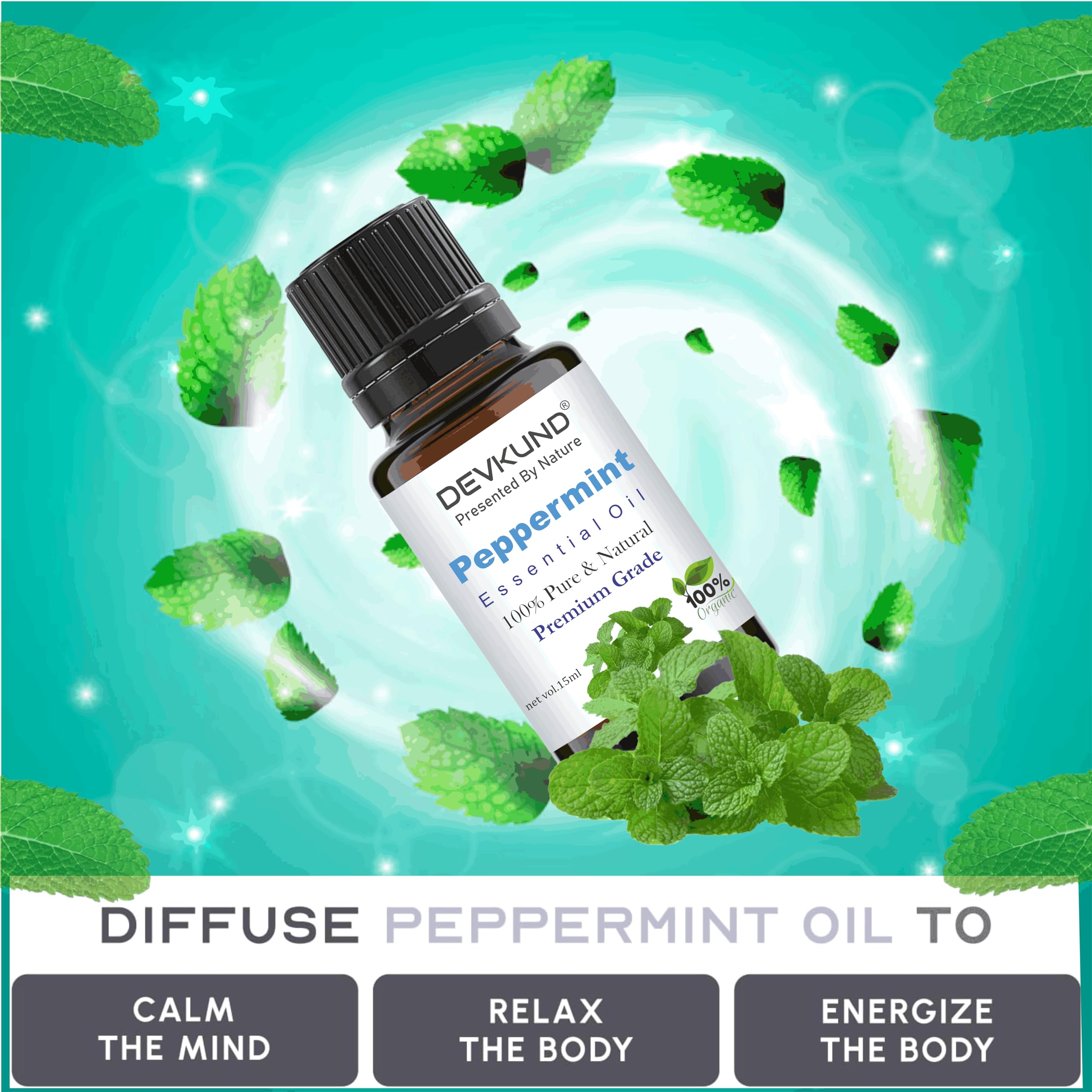 **Devkund Peppermint Essential Oil – 100% Pure, Natural & Organic for Skin, Hair & Scalp Care | Cooling & Refreshing Aromatherapy Oil for Face & Body | 15ml | Perfect for Relaxation, Massage & DIY Beauty**