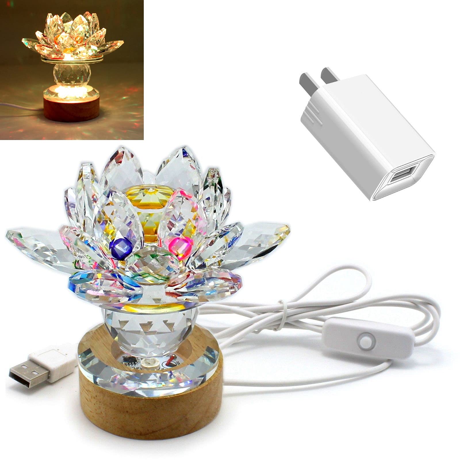Colorful Crystal Lotus Flower Night Light with Wood LED Base - USB Powered Warm White Light (5V1A) | Perfect Holiday Gift & Home Decor for Bedroom, Living Room, Meditation Space
