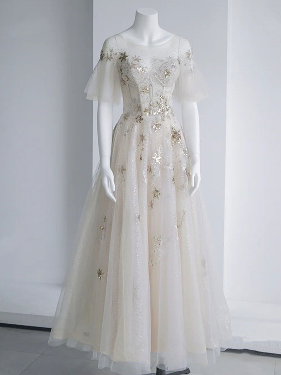 Elegant Light Champagne Tulle Sequin Tea-Length Prom Dress - Formal Evening Gown for Homecoming, Quinceañera & Special Occasions