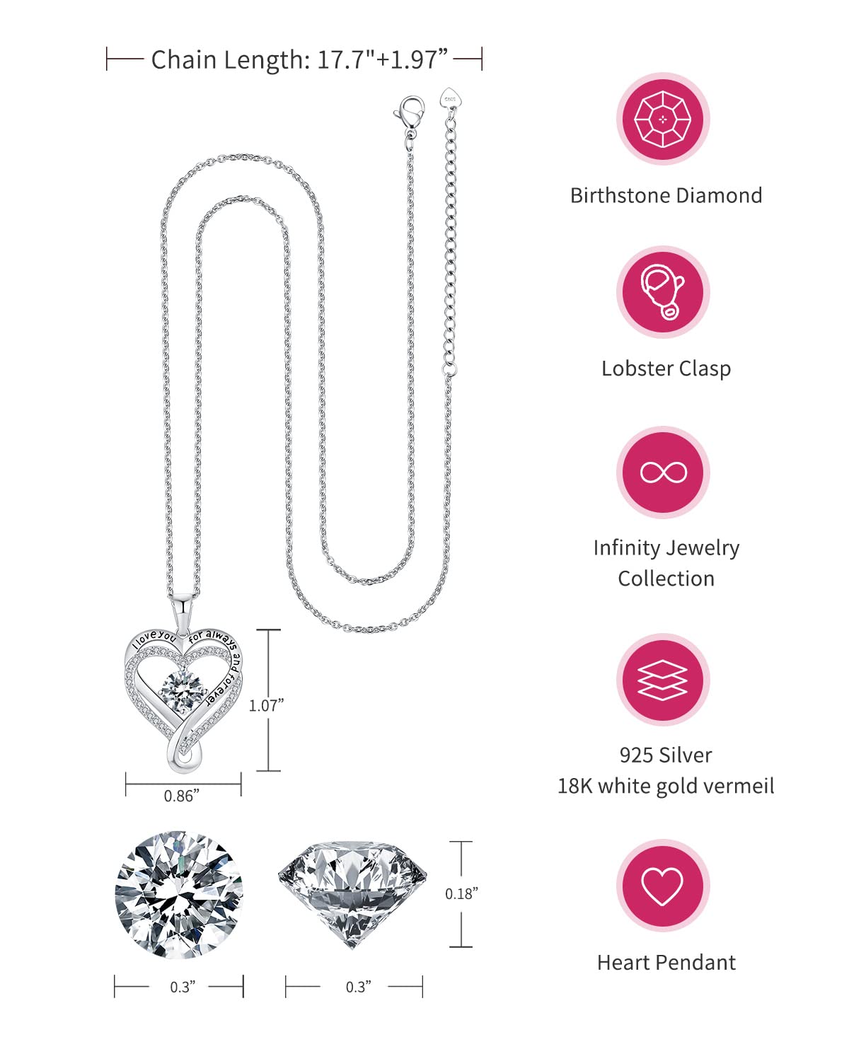 Infinity Heart Birthstone Necklace for Women - I Love You Sterling Silver Jewelry Gift for Wife, Girlfriend, Mom, Daughter - Anniversary, Birthday Present - Perfect for Romantic Occasions & Special Celebrations