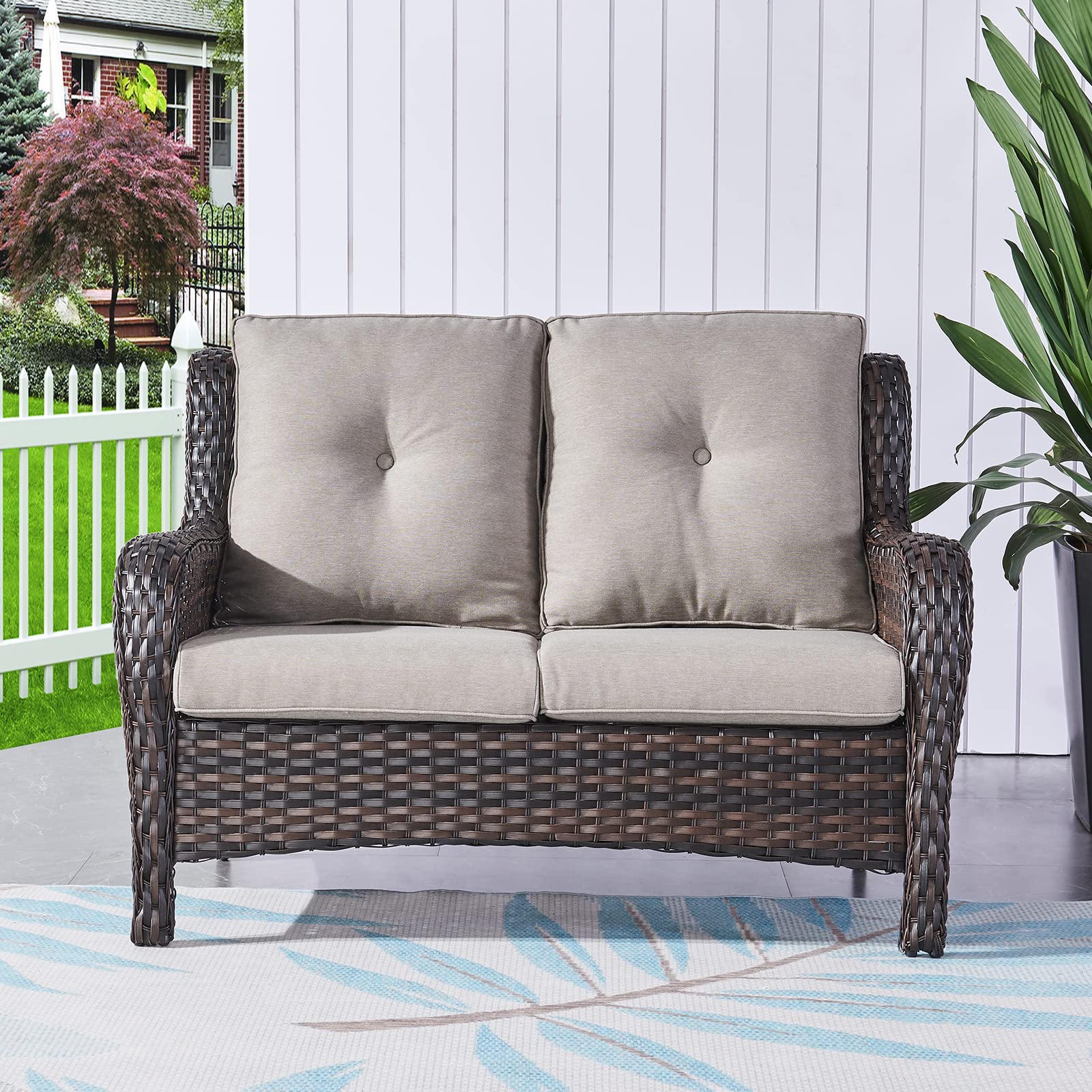 Outdoor Wicker Loveseat Patio Sofa - 2-Seat Rattan Outdoor Couch with Deep Seating & Comfortable Cushions, Brown/Grey - Perfect for Porch, Deck, Balcony, Garden & Backyard Relaxation
