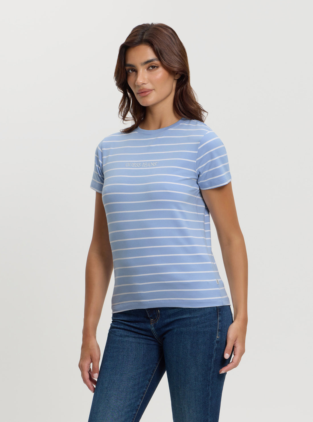 Guess Women's Blue Striped T-Shirt | Casual Short Sleeve Cotton Top for Everyday Wear | Perfect for Summer Outfits, Beach Days & Weekend Errands