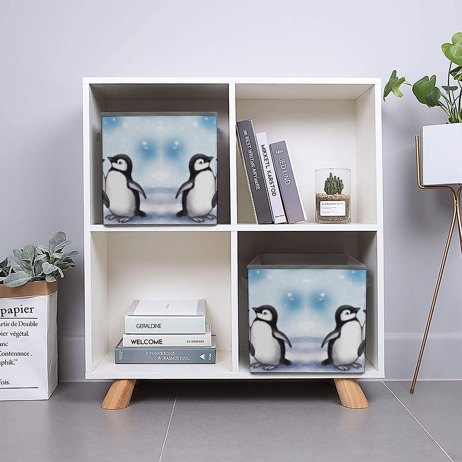 Collapsible Storage Bins with Handles - Penguin Printed Organizing Baskets for Home & Office