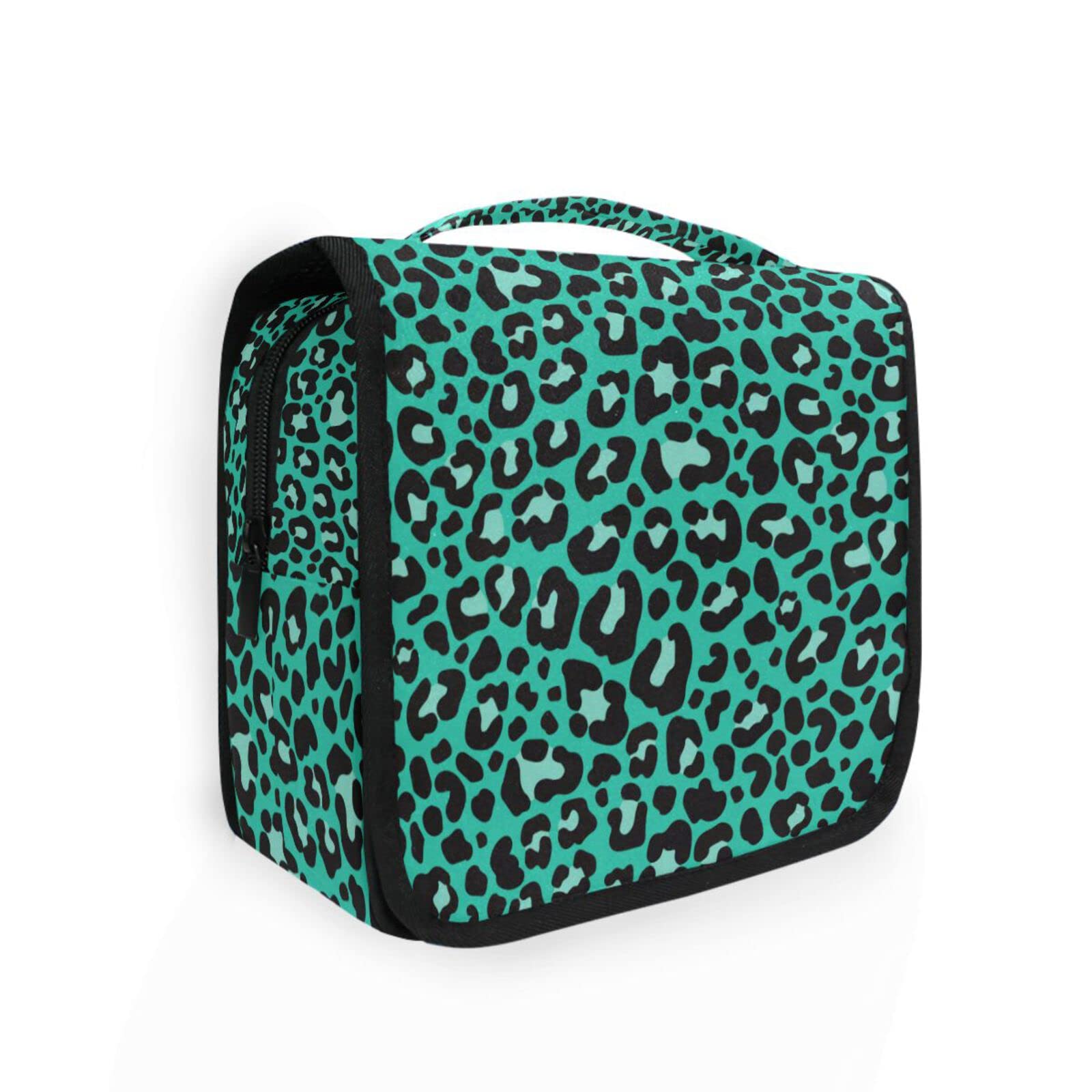 Moyyo Green Leopard Print Hanging Travel Toiletry Bag - Waterproof Cosmetic Makeup Organizer for Women & Men - Portable Wash Bag for Gym, Camping, Business Trips & Vacation Essentials