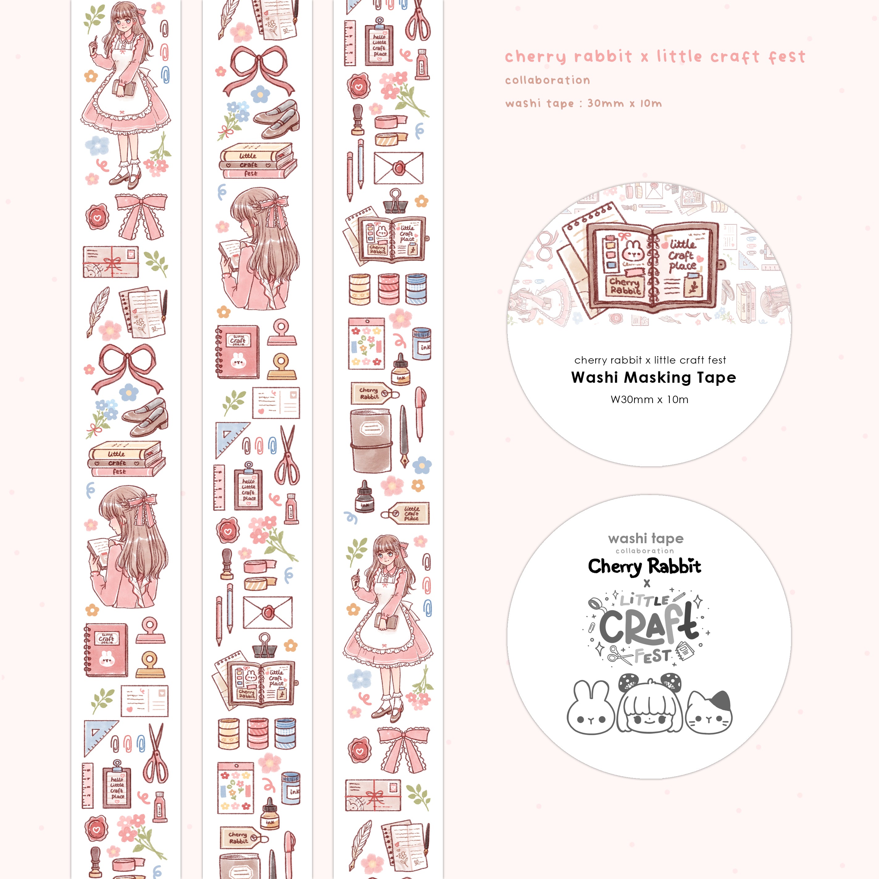 Cherry Rabbit x Little Craft Fest Decorative Washi Tape for Scrapbooking, Journaling, and DIY Crafts - Perfect for Bullet Journals, Gift Wrapping, and Home Decor
