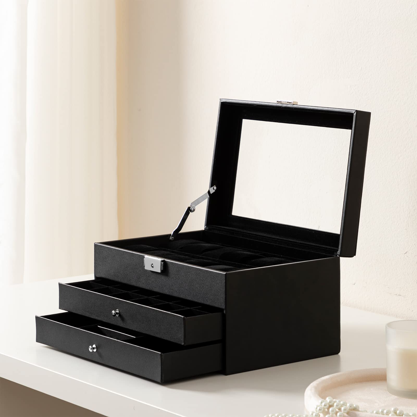 Premium PU Leather Jewelry Box & Watch Organizer - 3-Layer Wooden Storage Case for Men & Women - Perfect for Display, Travel, and Business Gifts (Black)
