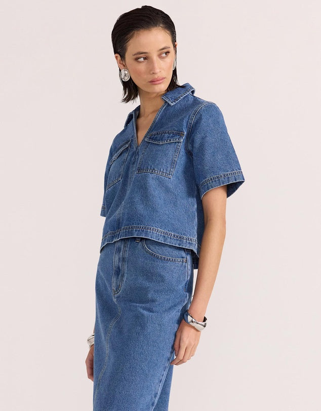Alden Mid Blue Denim Crop Short Sleeve Shirt for Women - Casual Summer Tops for Outings, Beach & Street Style Fashion